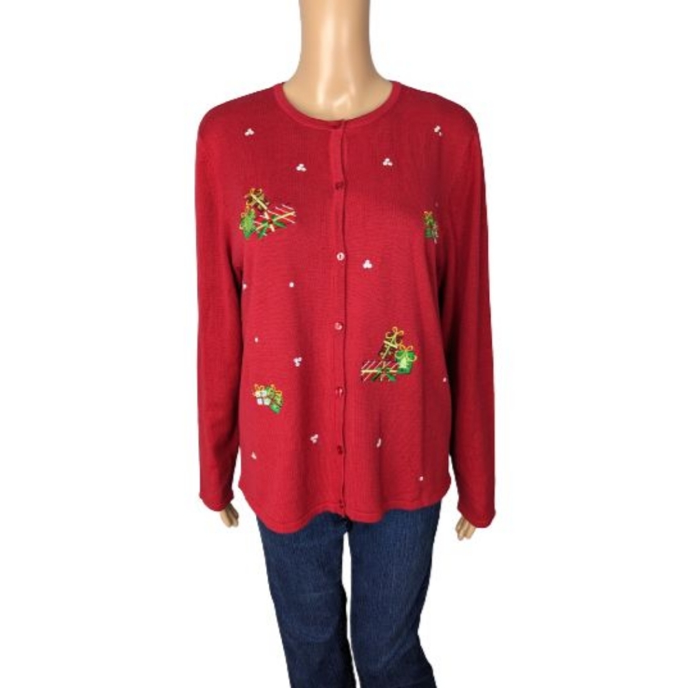 Croft & Barrow Red Button-Down Christmas Cardigan L